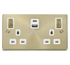 Satin Brass 2 Gang 13A DP Ingot Type A & C USB Twin Double Switched Plug Socket - White Trim