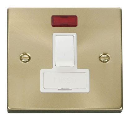 Satin Brass - White Inserts Satin Brass 13A Fused Connection Unit Switched With Neon - White Trim