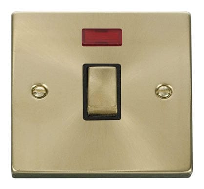 Satin Brass - Black Inserts Satin Brass 1 Gang 20A Ingot DP Switch With Neon - Black Trim