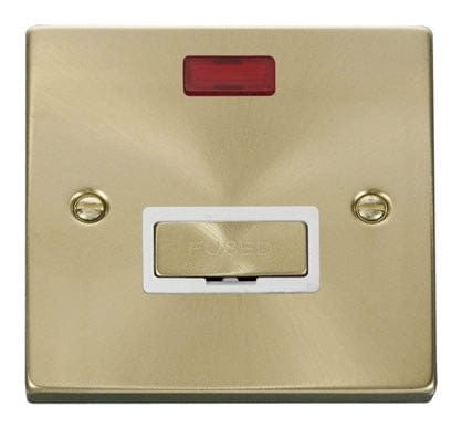 Satin Brass - White Inserts Satin Brass 13A Fused Ingot Connection Unit With Neon - White Trim