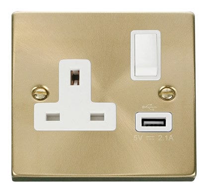 Satin Brass - White Inserts Satin Brass 1 Gang 13A DP 1 USB Switched Plug Socket - White Trim