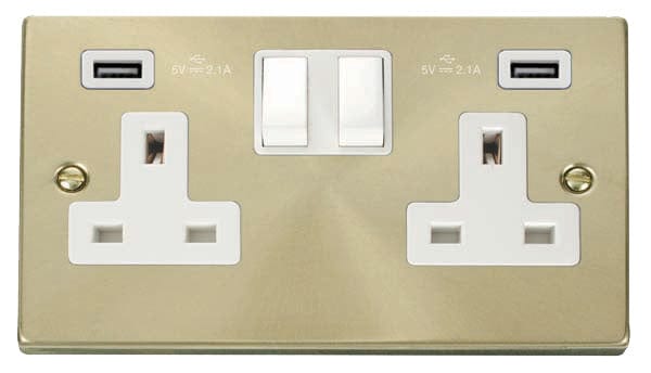 Satin Brass - White Inserts Satin Brass 2 Gang 13A 2 USB Twin Double Switched Plug Socket - White Trim