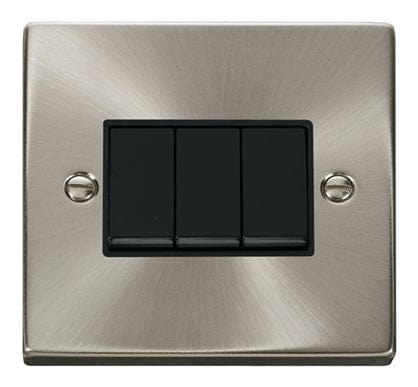 Satin Chrome - Black Inserts Satin Chrome 10A 3 Gang 2 Way Light Switch - Black Trim