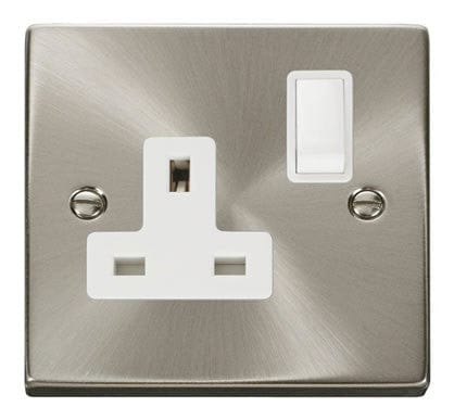 Satin Chrome - White Inserts Satin Chrome 1 Gang 13A DP Switched Plug Socket - White Trim