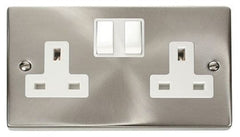 Satin Chrome - White Inserts Satin Chrome 2 Gang 13A Twin Double Switched Plug Socket - White Trim