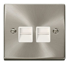 Satin Chrome - White Inserts Satin Chrome Master Telephone Twin Socket - White Trim