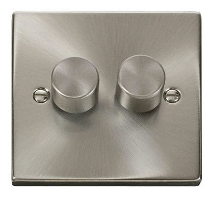 Satin Chrome - Black Inserts Satin Chrome 2 Gang 2 Way LED 100W Trailing Edge Dimmer Light Switch