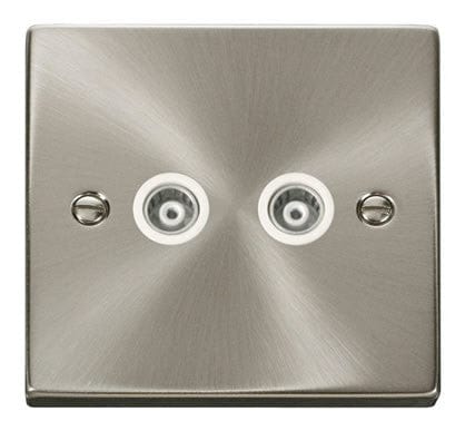 Satin Chrome - White Inserts Satin Chrome Twin Isolated Coaxial Socket - White Trim