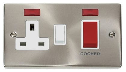 Satin Chrome - White Inserts Satin Chrome Cooker Control 45A With 13A Switched Plug Socket & 2 Neons - White Trim