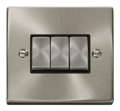 Satin Chrome - Black Inserts Satin Chrome 10A 3 Gang 2 Way Ingot Light Switch - Black Trim