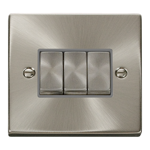 Satin Chrome - Black Inserts Satin Chrome 10A 3 Gang 2 Way Ingot Light Switch - Black Trim