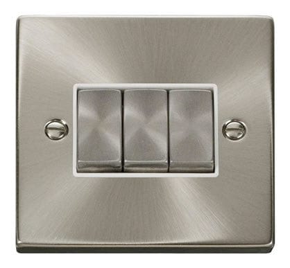 Satin Chrome - White Inserts Satin Chrome 10A 3 Gang 2 Way Ingot Light Switch - White Trim