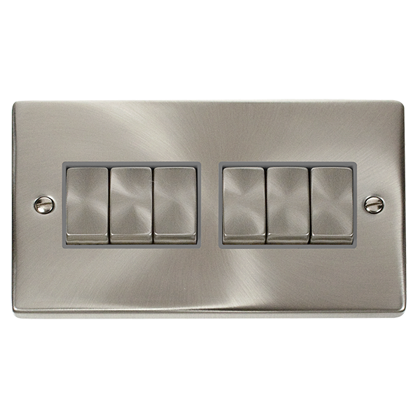 Satin Chrome - Black Inserts Satin Chrome 10A 6 Gang 2 Way Ingot Light Switch - Black Trim