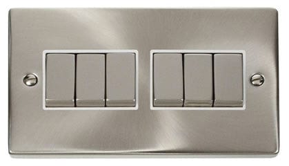 Satin Chrome - White Inserts Satin Chrome 10A 6 Gang 2 Way Ingot Light Switch - White Trim