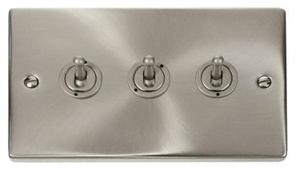 Satin Chrome - White Inserts Satin Chrome 3 Gang 2 Way 10AX Toggle Light Switch