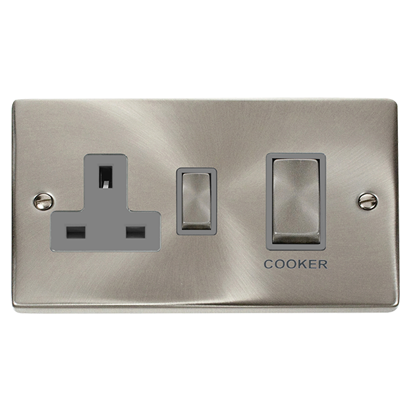 Satin Chrome - Black Inserts Satin Chrome Cooker Control Ingot 45A With 13A Switched Plug Socket - Black Trim