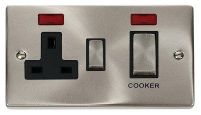 Satin Chrome - Black Inserts Satin Chrome Cooker Control Ingot 45A With 13A Switched Plug Socket & 2 Neons - Black Trim