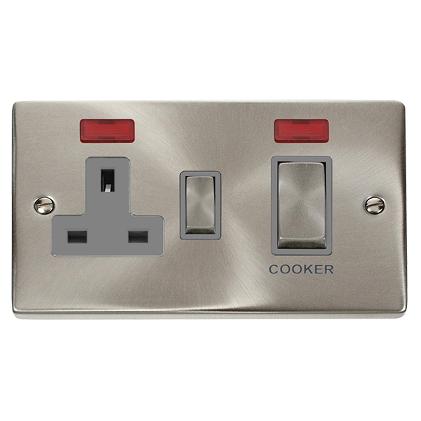 Satin Chrome - Black Inserts Satin Chrome Cooker Control Ingot 45A With 13A Switched Plug Socket & 2 Neons - Black Trim