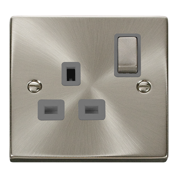 Satin Chrome - Black Inserts Satin Chrome 1 Gang 13A DP Ingot Switched Plug Socket - Black Trim