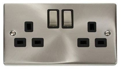 Satin Chrome - Black Inserts Satin Chrome 2 Gang 13A DP Ingot Twin Double Switched Plug Socket - Black Trim