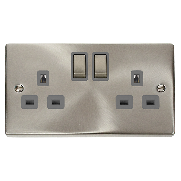 Satin Chrome - Black Inserts Satin Chrome 2 Gang 13A DP Ingot Twin Double Switched Plug Socket - Black Trim