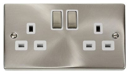 Satin Chrome - White Inserts Satin Chrome 2 Gang 13A DP Ingot Twin Double Switched Plug Socket - White Trim