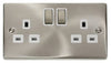 Satin Chrome - White Inserts Satin Chrome 2 Gang 13A DP Ingot Twin Double Switched Plug Socket - White Trim