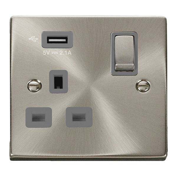 Satin Chrome - Black Inserts Satin Chrome 1 Gang 13A DP Ingot 1 USB Switched Plug Socket - Black Trim