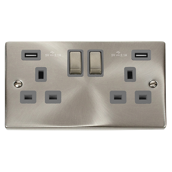 Satin Chrome - Black Inserts Satin Chrome 2 Gang 13A DP Ingot 2 USB Twin Double Switched Plug Socket - Black Trim