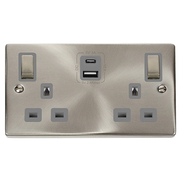 Satin Chrome 2 Gang 13A DP Ingot Type A & C USB Twin Double Switched Plug Socket - Grey Trim