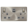 Satin Chrome 2 Gang 13A DP Ingot Type A & C USB Twin Double Switched Plug Socket - Grey Trim