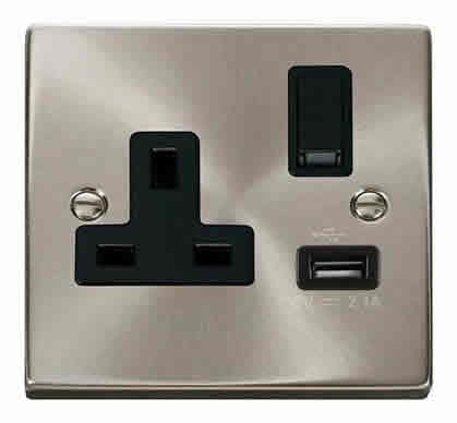 Satin Chrome - Black Inserts Satin Chrome 1 Gang 13A DP 1 USB Switched Plug Socket - Black Trim