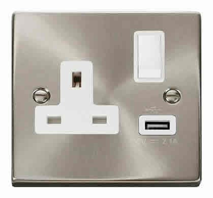 Satin Chrome - White Inserts Satin Chrome 1 Gang 13A DP 1 USB Switched Plug Socket - White Trim