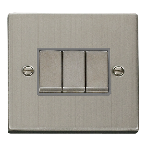 Stainless Steel 10A 3 Gang 2 Way Ingot Light Switch - Grey Trim