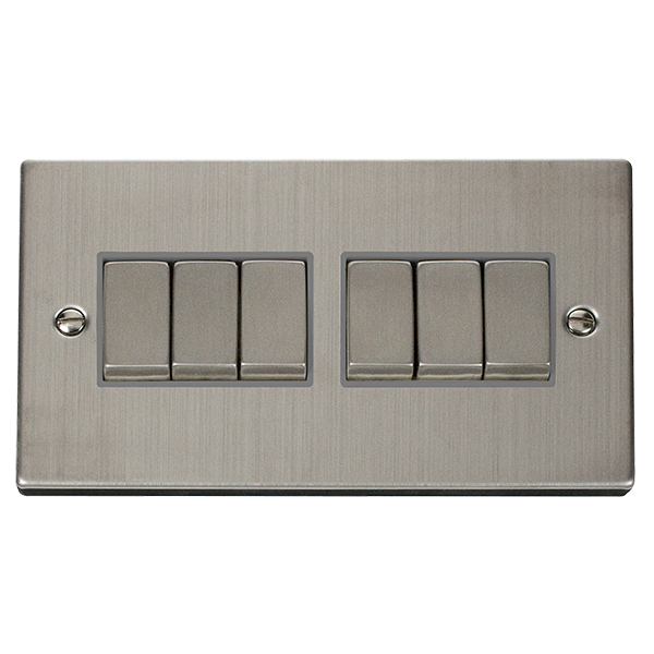 Stainless Steel 10A 6 Gang 2 Way Ingot Light Switch - Grey Trim