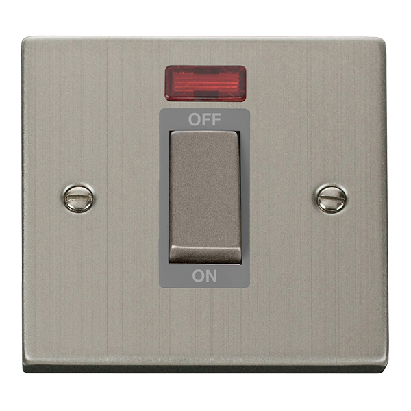 Stainless Steel 1 Gang Ingot Size 45A Switch With Neon - Grey Trim