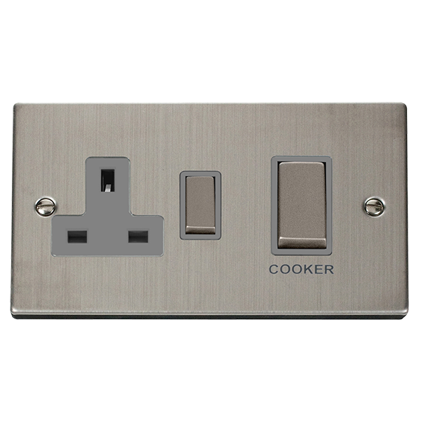 Stainless Steel Cooker Control Ingot 45A With 13A Switched Plug Socket - Grey Trim