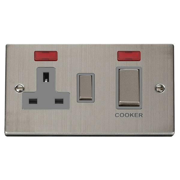 Stainless Steel Cooker Control Ingot 45A With 13A Switched Plug Socket & 2 Neons - Grey Trim