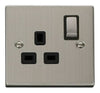 Stainless Steel - Black Inserts Stainless Steel 1 Gang 13A DP Ingot Switched Plug Socket - Black Trim