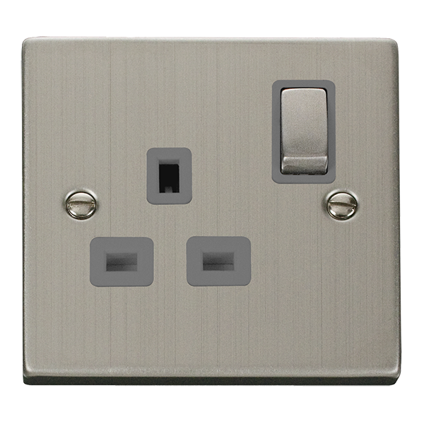 Stainless Steel 1 Gang 13A DP Ingot Switched Plug Socket - Grey Trim