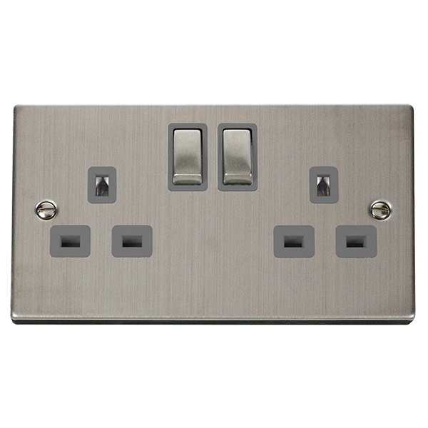 Stainless Steel 2 Gang 13A DP Ingot Twin Double Switched Plug Socket - Grey Trim