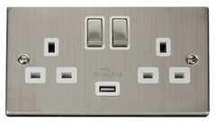 Stainless Steel - White Inserts Stainless Steel 2 Gang 13A DP Ingot 1 USB Twin Double Switched Plug Socket - White Trim