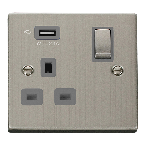 Stainless Steel 1 Gang 13A DP Ingot 1 USB Switched Plug Socket - Grey Trim