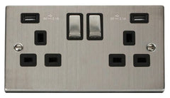 Stainless Steel - Black Inserts Stainless Steel 2 Gang 13A DP Ingot 2 USB Twin Double Switched Plug Socket - Black Trim