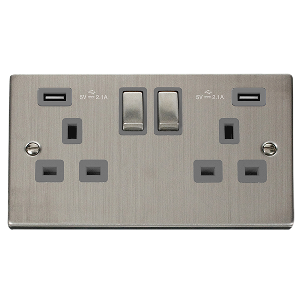 Stainless Steel 2 Gang 13A DP Ingot 2 USB Twin Double Switched Plug Socket - Grey Trim