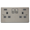 Stainless Steel 2 Gang 13A DP Ingot 2 USB Twin Double Switched Plug Socket - Grey Trim