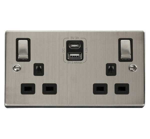 Stainless Steel 2 Gang 13A DP Ingot Type A & C USB Twin Double Switched Plug Socket - Black Trim