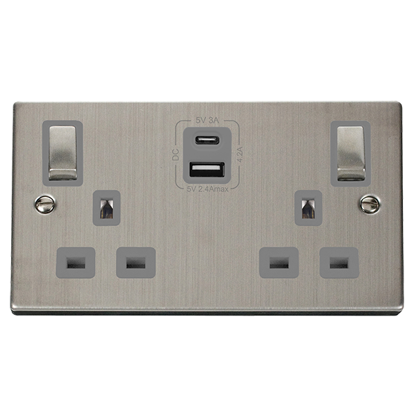 Stainless Steel 2 Gang 13A DP Ingot Type A & C USB Twin Double Switched Plug Socket - Grey Trim