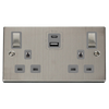 Stainless Steel 2 Gang 13A DP Ingot Type A & C USB Twin Double Switched Plug Socket - Grey Trim