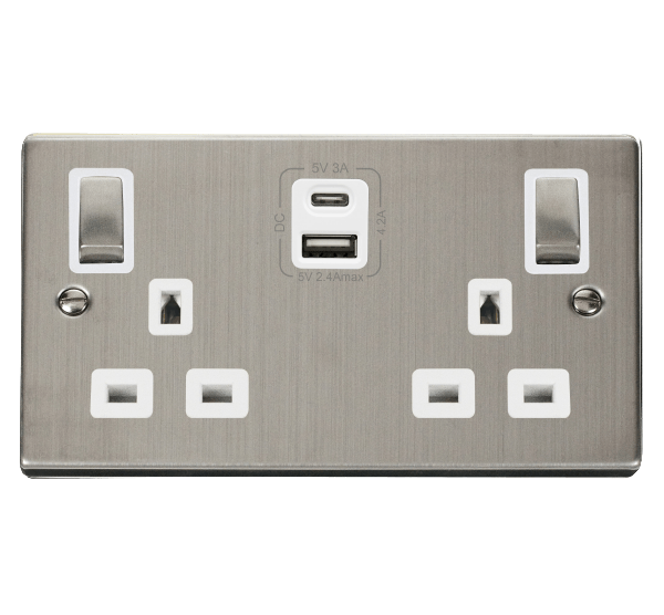 Stainless Steel 2 Gang 13A DP Ingot Type A & C USB Twin Double Switched Plug Socket - White Trim